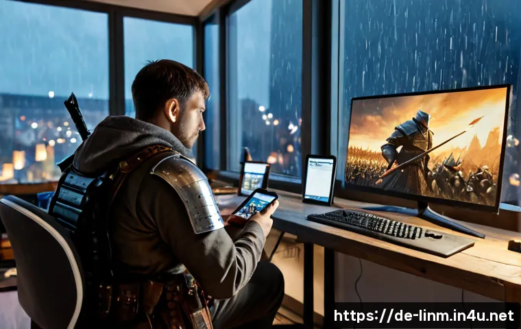 리니지M 필드 레이드 팁 - Photorealistic evening scene in a tidy modern German apartment, focused adult gamer holding a smartp...