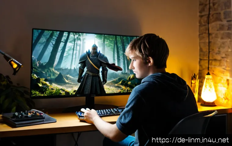 Home 17 리니지M 레벨업 빠른 경로 - Photorealistic young German adult gamer at a tidy desk in a modern Berlin apartment, holding a smart...