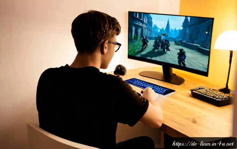Home 17 리니지M 공격력 강화 노하우 - Photorealistic cinematic gaming desk in a modern German apartment, adult player seen from behind stu...