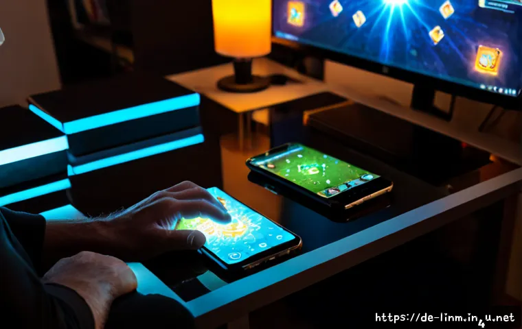 리니지M 버프 스킬 조합 - Photorealistic German male gamer in his 40s at a clean home office desk, studying a fantasy mobile R...